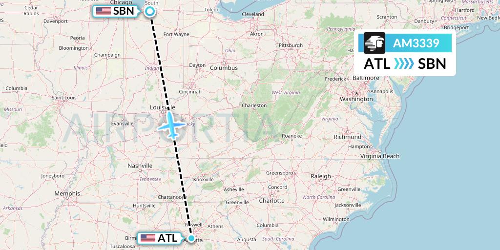AM3339 Aeromexico Flight Map: Atlanta to South Bend