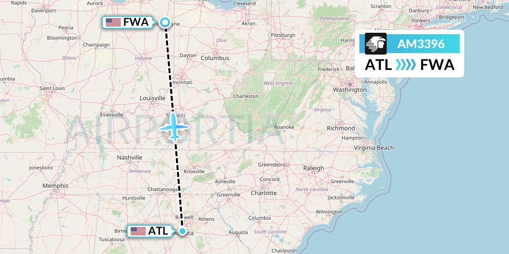 AM3396 Aeromexico Flight Map: Atlanta to Fort Wayne