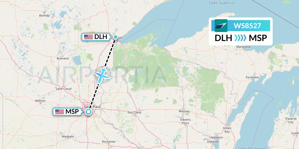 WS8527 WestJet Flight Map: Duluth to Minneapolis