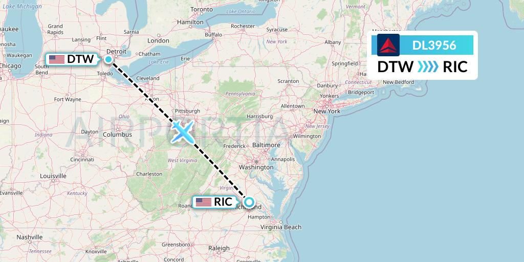 DL3956 Delta Air Lines Flight Map: Detroit to Richmond