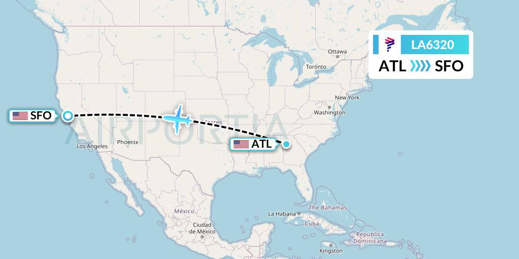 LA6320 LAN Airlines Flight Map: Atlanta to San Francisco