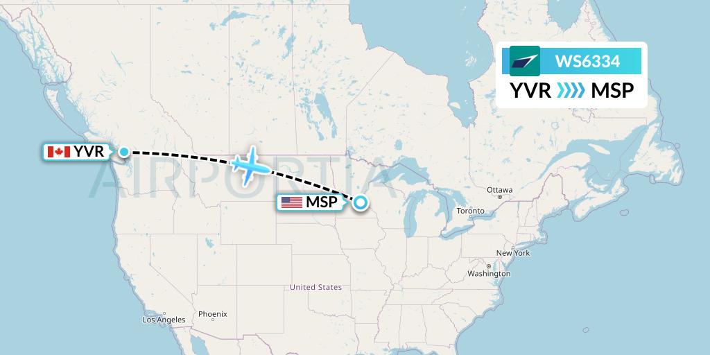 WS6334 WestJet Flight Map: Vancouver to Minneapolis