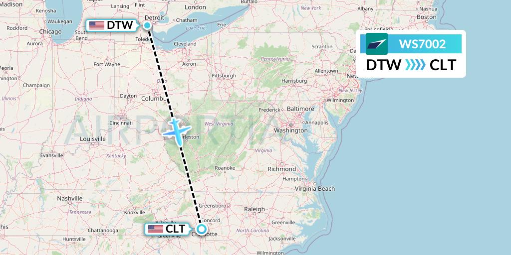 WS7002 WestJet Flight Map: Detroit to Charlotte
