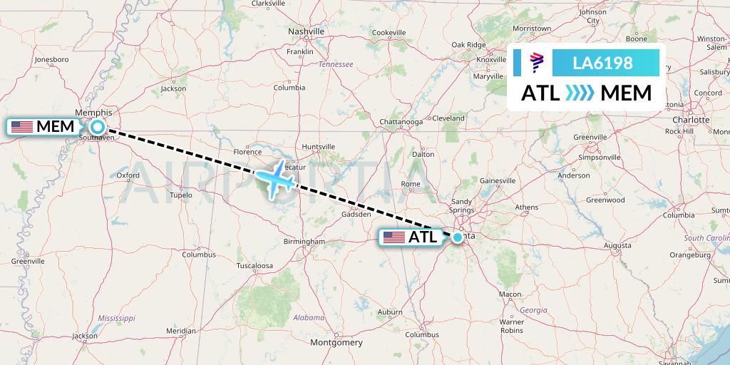 LA6198 LAN Airlines Flight Map: Atlanta to Memphis