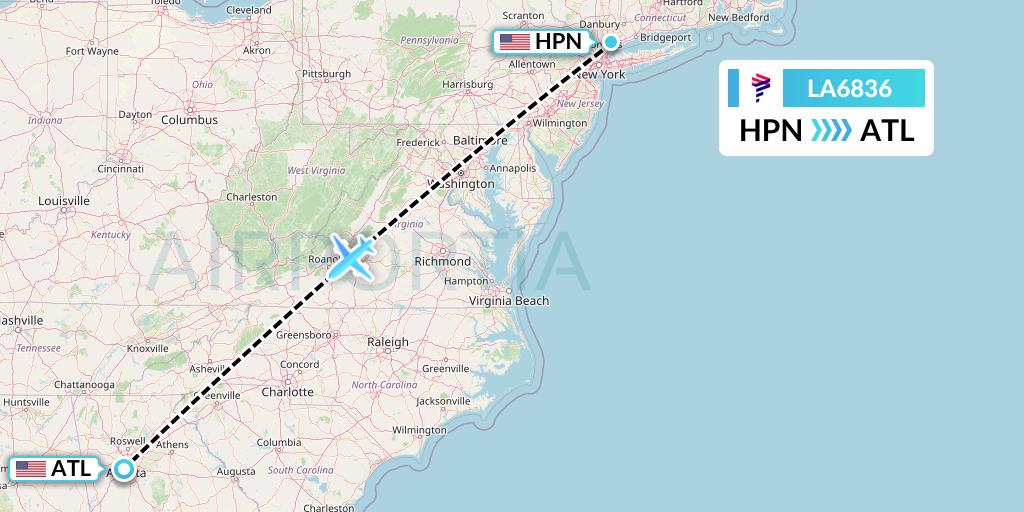 LA6836 LAN Airlines Flight Map: White Plains to Atlanta