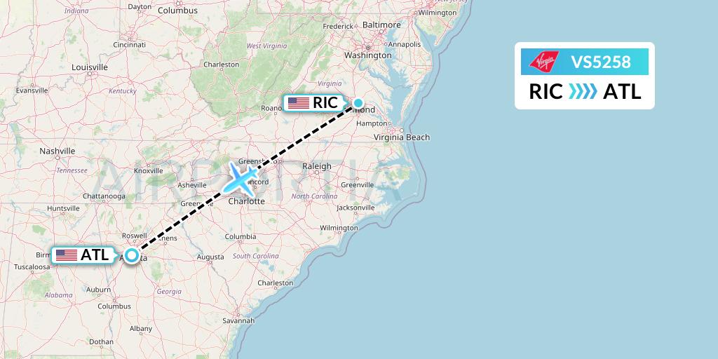 VS5258 Virgin Atlantic Airways Flight Map: Richmond to Atlanta