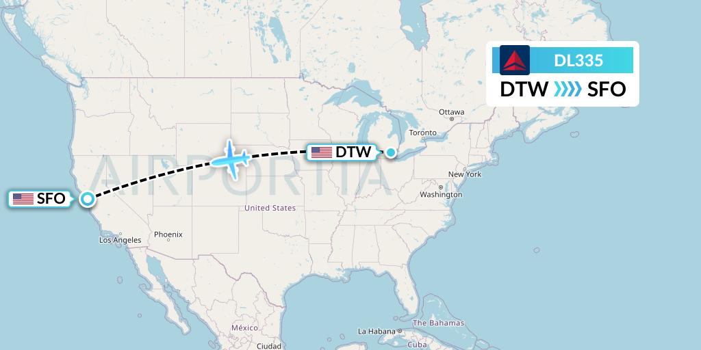 DL335 Delta Air Lines Flight Map: Detroit to San Francisco
