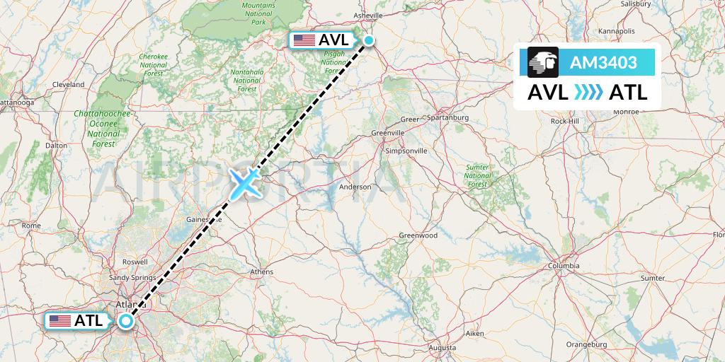 AM3403 Aeromexico Flight Map: Asheville to Atlanta