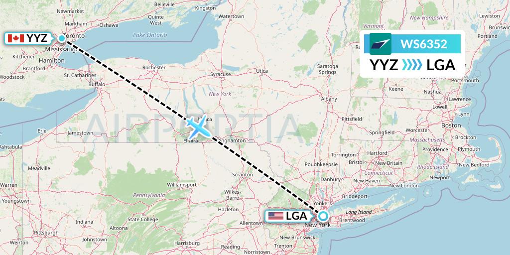WS6352 WestJet Flight Map: Toronto to New York