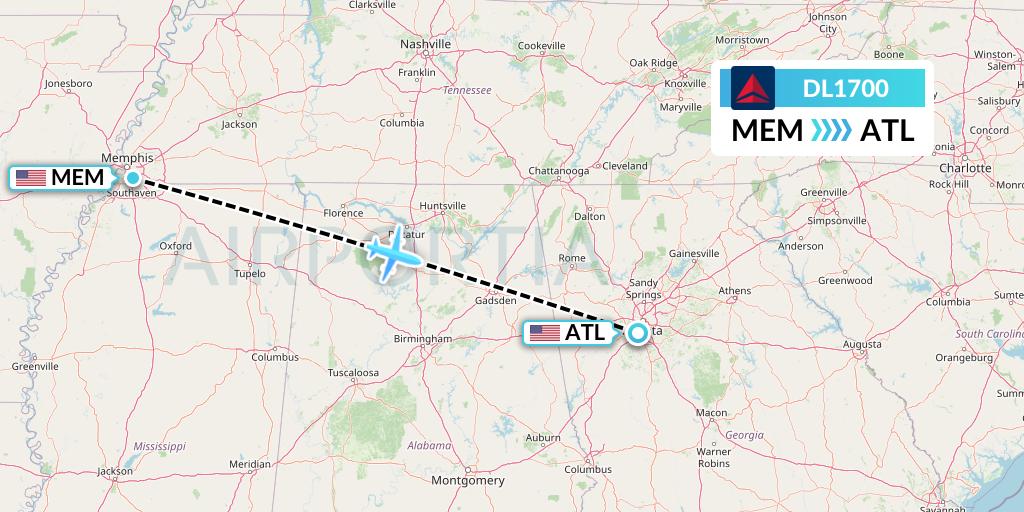 DL1700 Delta Air Lines Flight Map: Memphis to Atlanta