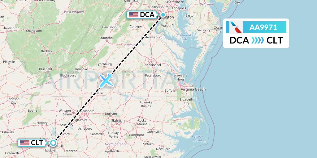 AA9971 American Airlines Flight Map: Washington to Charlotte