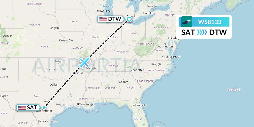 WS8133 WestJet Flight Map: San Antonio to Detroit