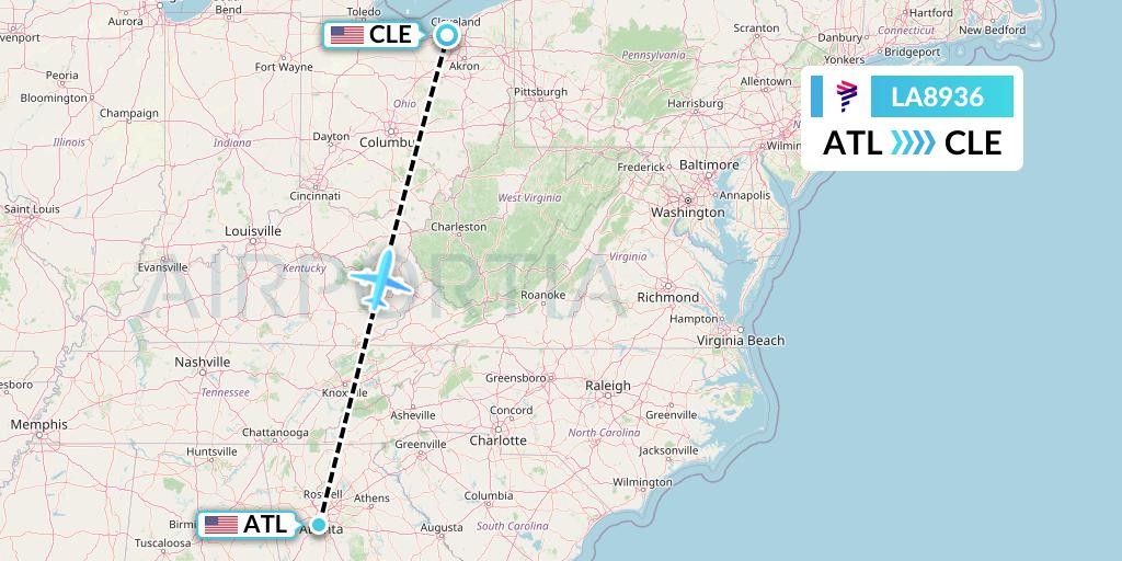 LA8936 LAN Airlines Flight Map: Atlanta to Cleveland