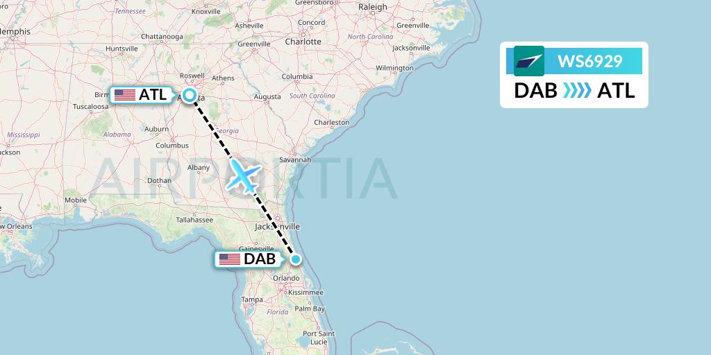 WS6929 WestJet Flight Map: Daytona Beach to Atlanta