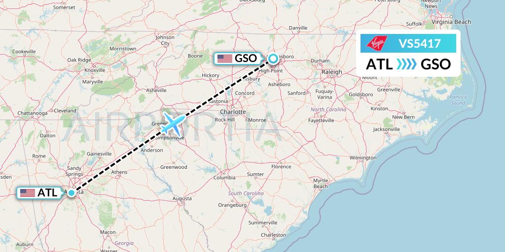 VS5417 Virgin Atlantic Airways Flight Map: Atlanta to Greensboro
