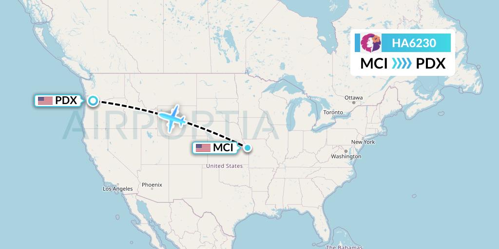 HA6230 Hawaiian Airlines Flight Map: Kansas City to Portland