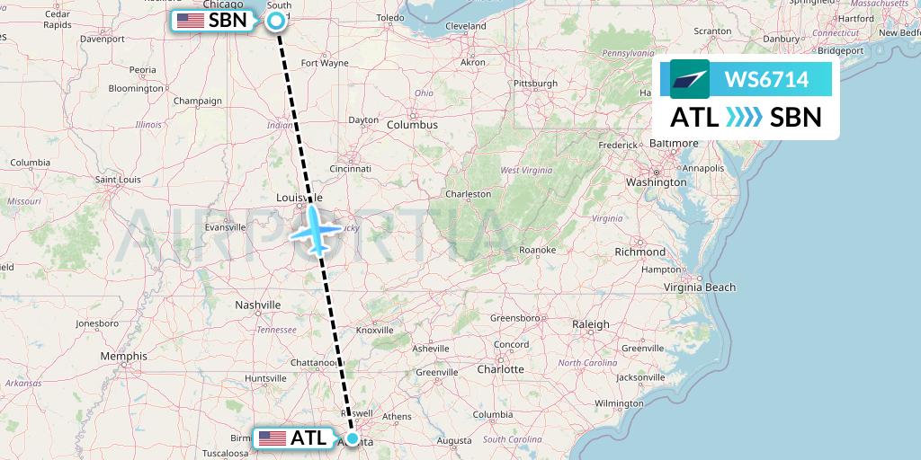 WS6714 WestJet Flight Map: Atlanta to South Bend