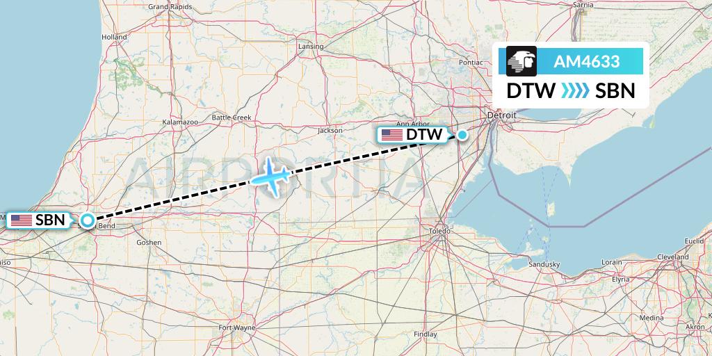 AM4633 Aeromexico Flight Map: Detroit to South Bend