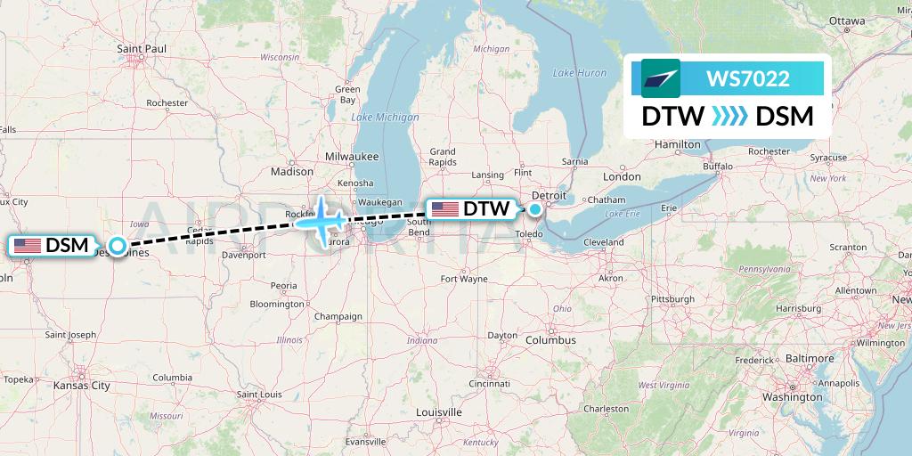 WS7022 WestJet Flight Map: Detroit to Des Moines