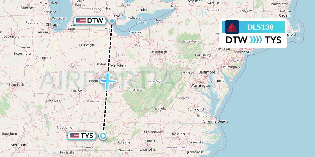 DL5138 Delta Air Lines Flight Map: Detroit to Knoxville