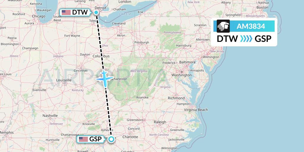 AM3834 Aeromexico Flight Map: Detroit to Greenville-Spartanburg