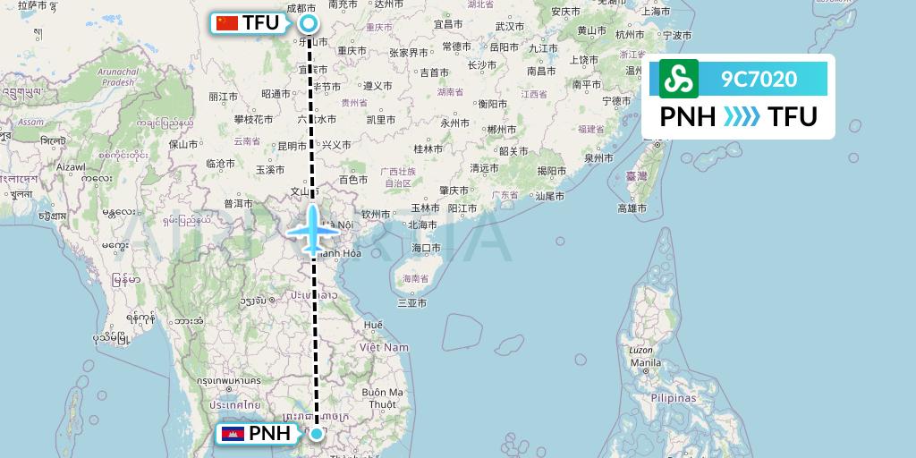 9C7020 Spring Airlines Flight Map: Phnom Penh to Chengdu