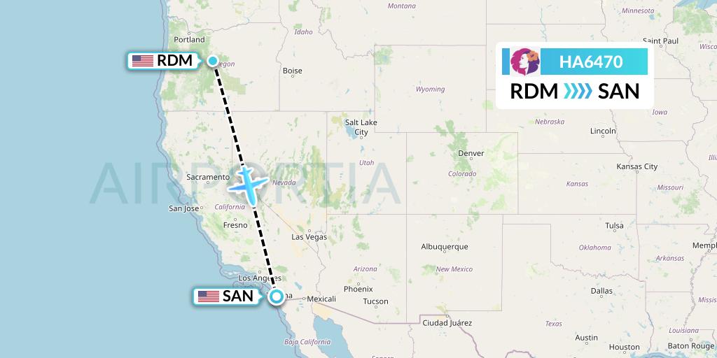 HA6470 Hawaiian Airlines Flight Map: Redmond to San Diego