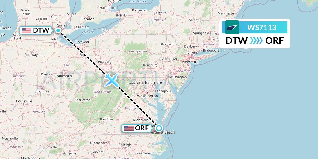 WS7113 WestJet Flight Map: Detroit to Norfolk