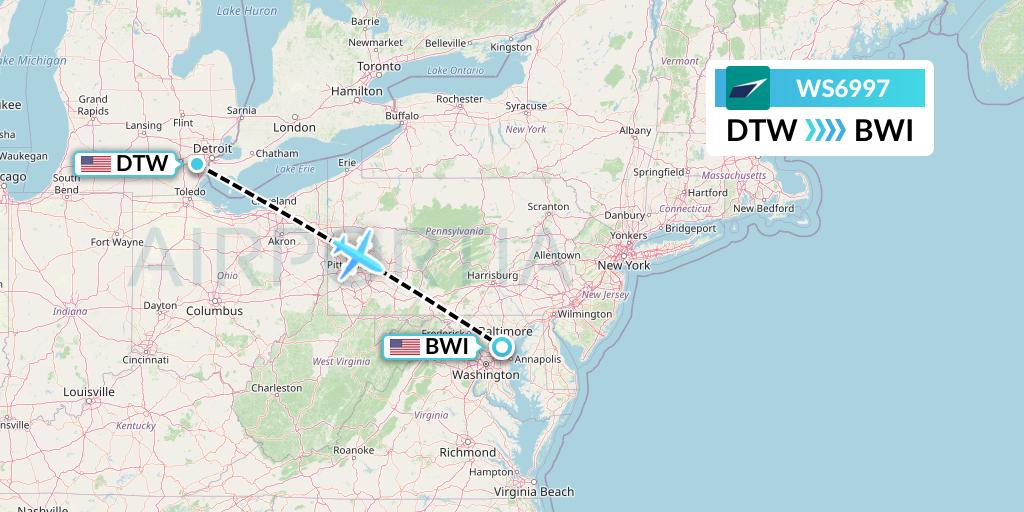 WS6997 WestJet Flight Map: Detroit to Baltimore
