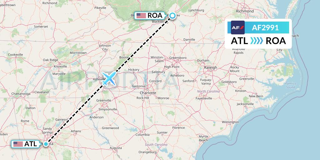 AF2991 Air France Flight Map: Atlanta to Roanoke