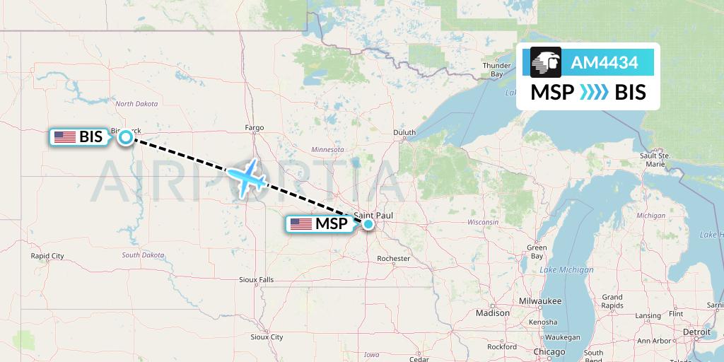 AM4434 Aeromexico Flight Map: Minneapolis to Bismarck