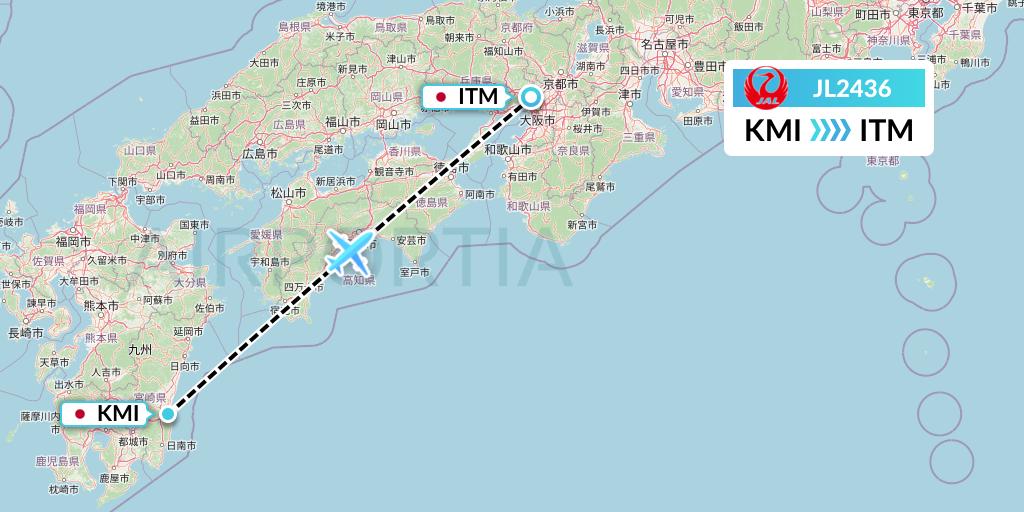 JL2436 Japan Airlines Flight Map: Miyazaki to Osaka