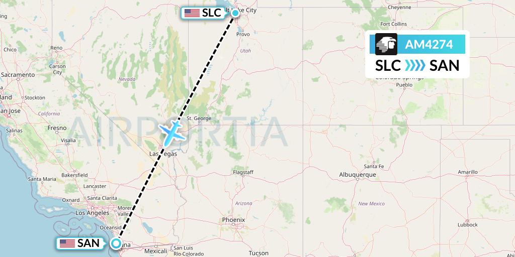 AM4274 Aeromexico Flight Map: Salt Lake City to San Diego