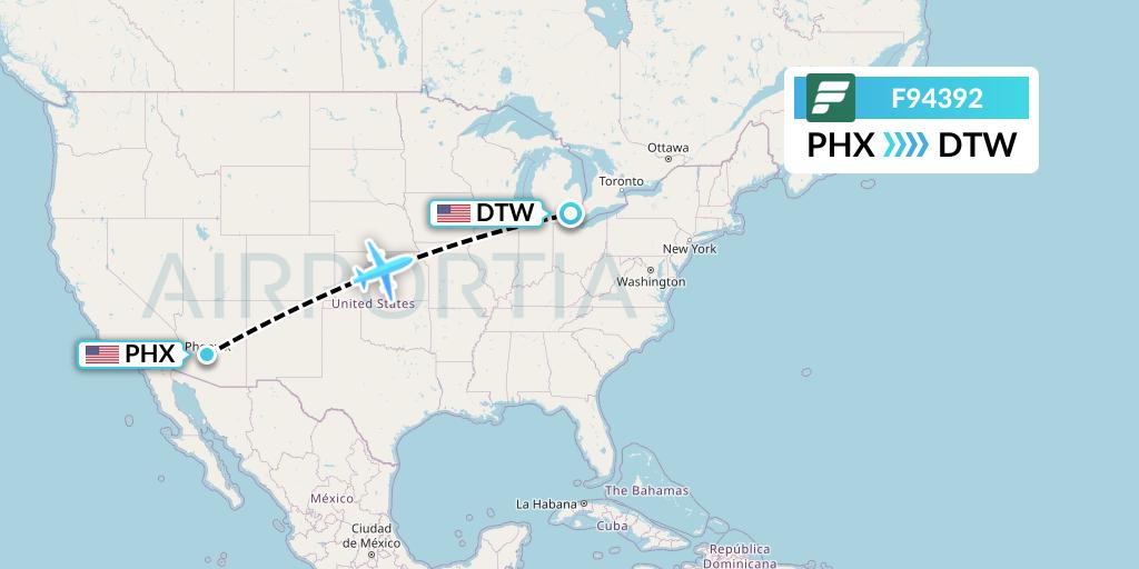 F94392 Frontier Airlines Flight Map: Phoenix to Detroit