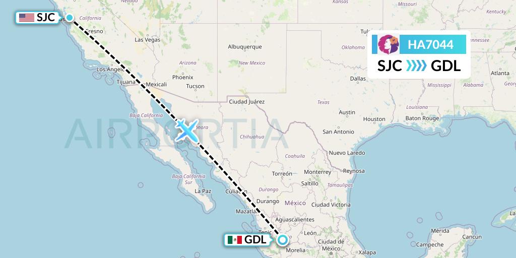 HA7044 Hawaiian Airlines Flight Map: San Jose to Guadalajara