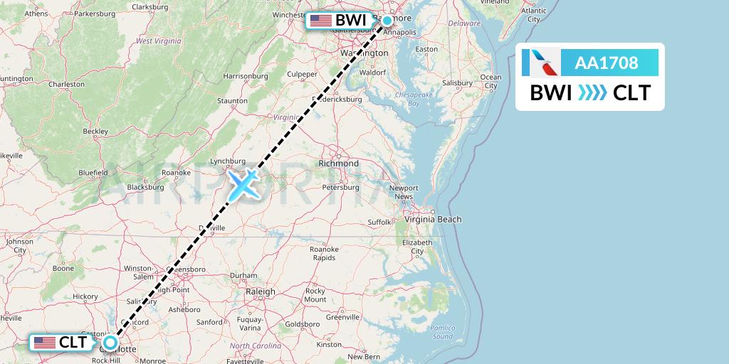 AA1708 American Airlines Flight Map: Baltimore to Charlotte