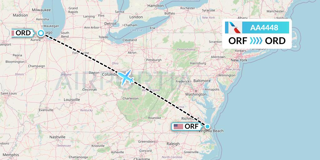AA4448 American Airlines Flight Map: Norfolk to Chicago