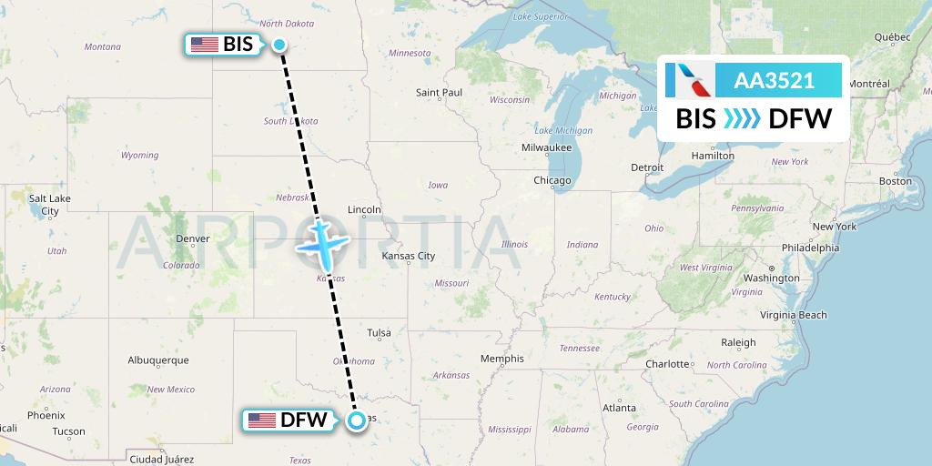 AA3521 American Airlines Flight Map: Bismarck to Dallas