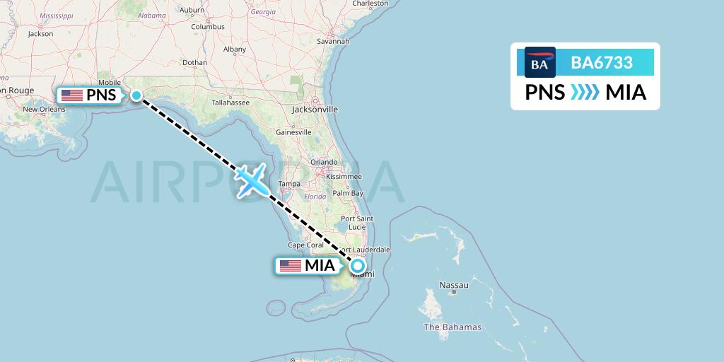 BA6733 British Airways Flight Map: Pensacola to Miami