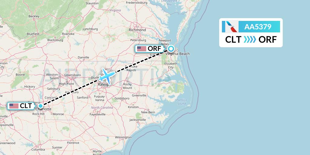 AA5379 American Airlines Flight Map: Charlotte to Norfolk