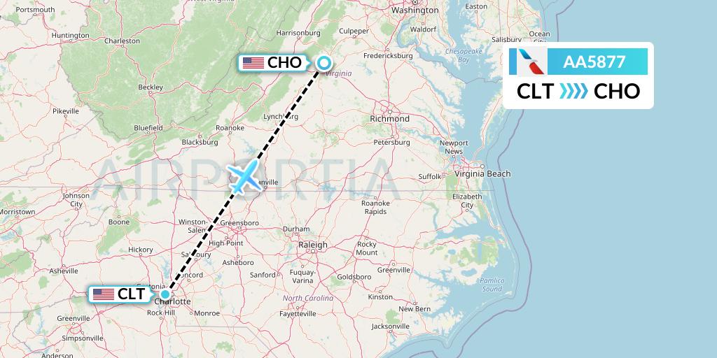 AA5877 American Airlines Flight Map: Charlotte to Charlottesville