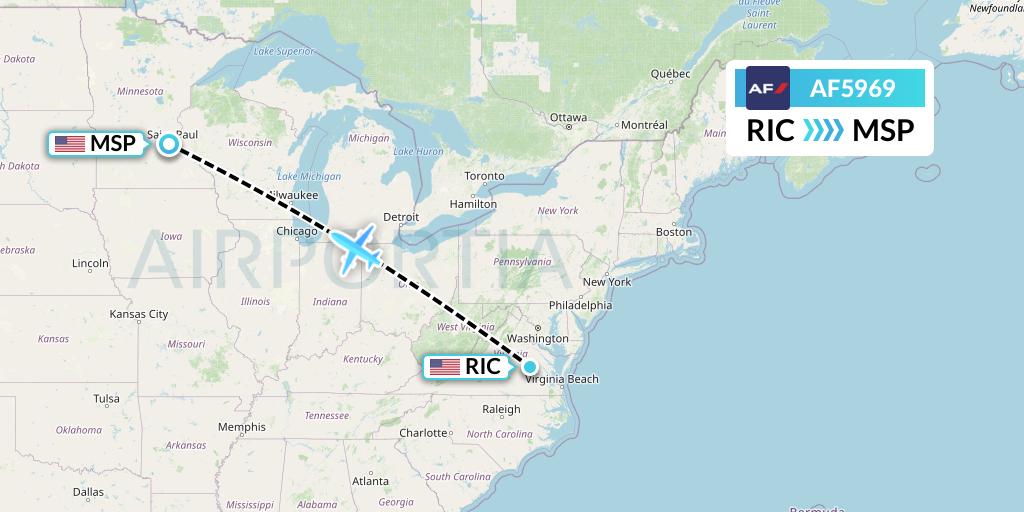 AF5969 Air France Flight Map: Richmond to Minneapolis