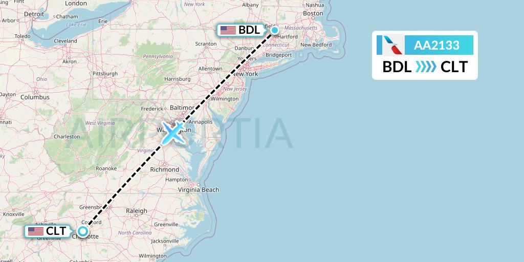 AA2133 American Airlines Flight Map: Windsor Locks to Charlotte