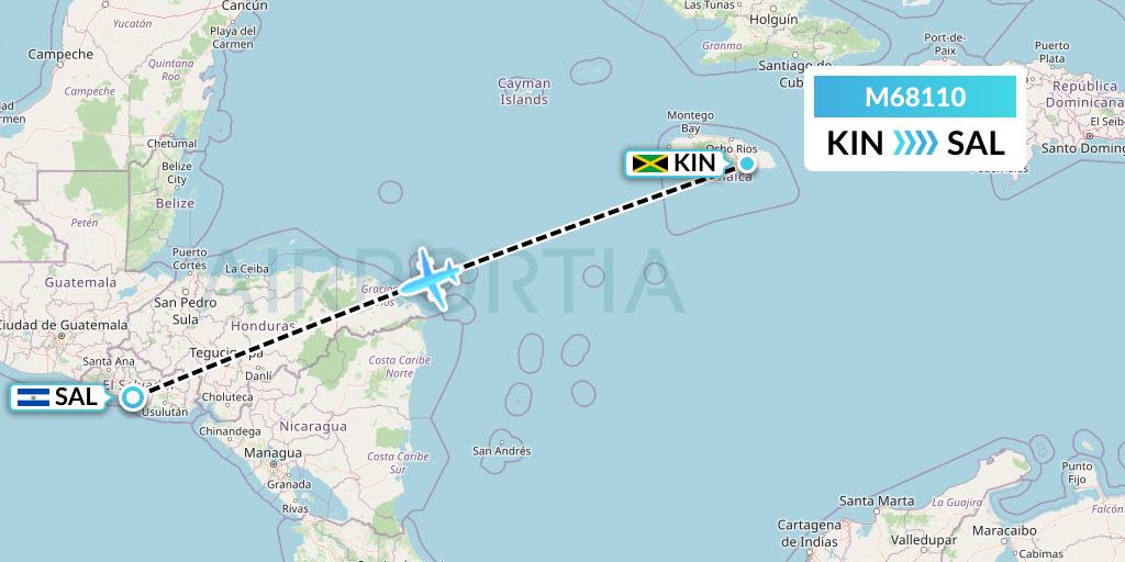 M68110 Amerijet International Flight Map: Kingston to San Salvador