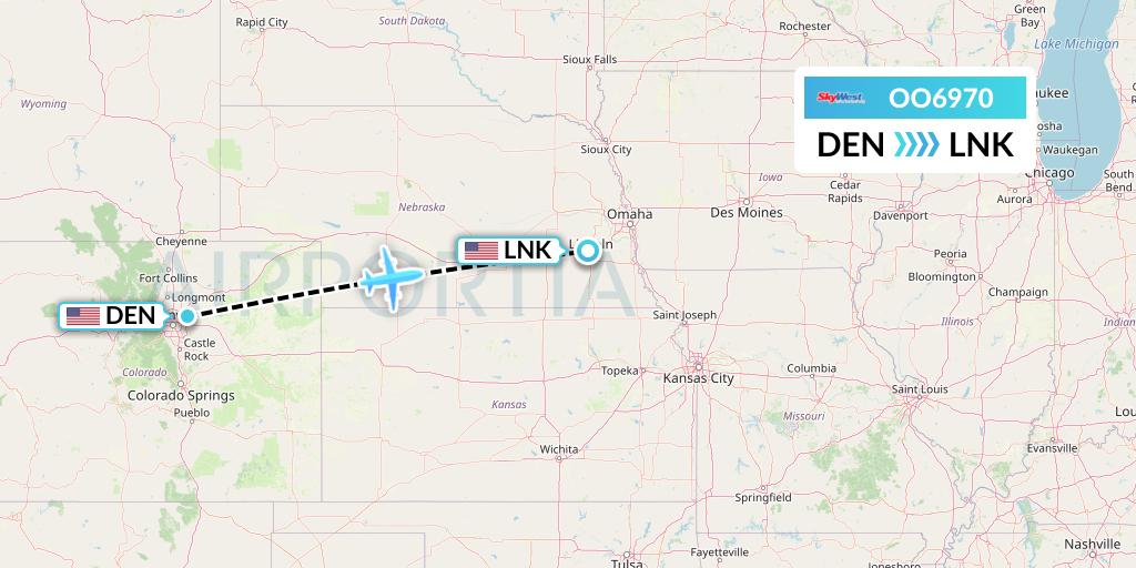 OO6970 SkyWest Airlines Flight Map: Denver to Lincoln