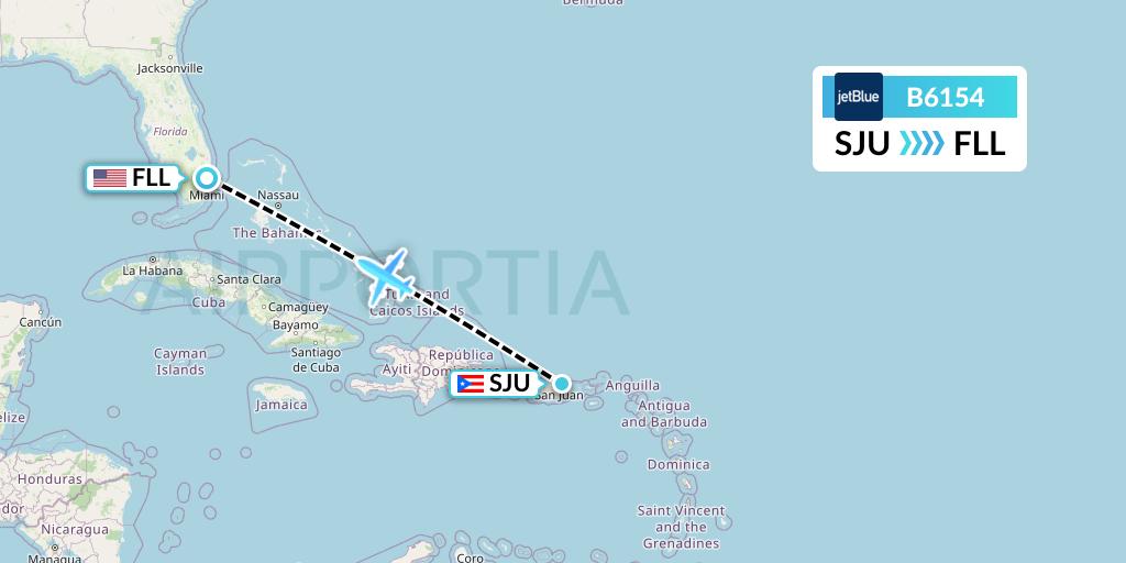 B6154 JetBlue Airways Flight Map: San Juan to Fort Lauderdale