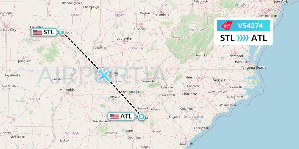 VS4274 Virgin Atlantic Airways Flight Map: St. Louis to Atlanta