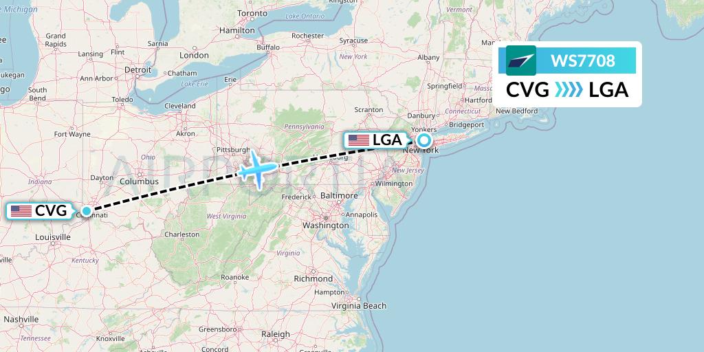 WS7708 WestJet Flight Map: Cincinnati to New York