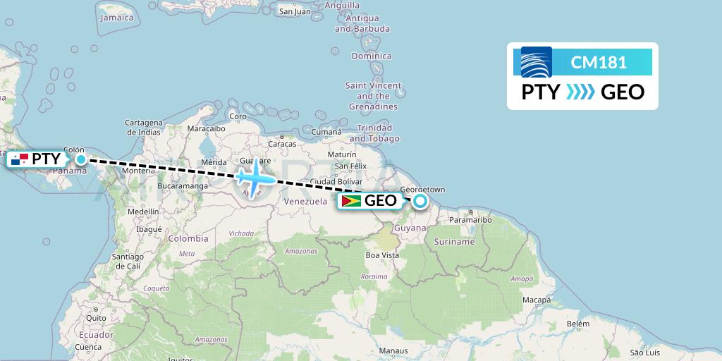 CM181 Copa Airlines Flight Map: Panama City to Georgetown