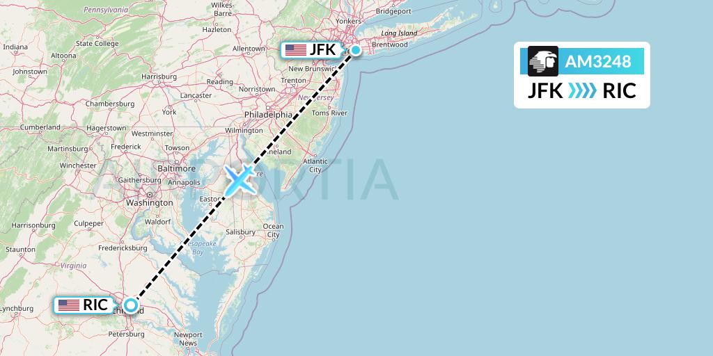 AM3248 Aeromexico Flight Map: New York to Richmond